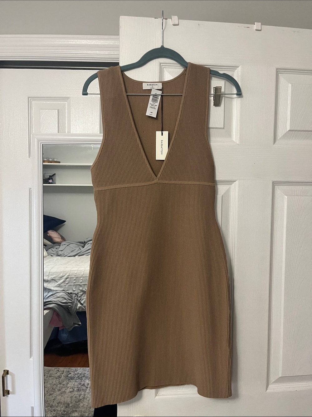 Babaton Ribbed V-Neck Mini Dress - Brown